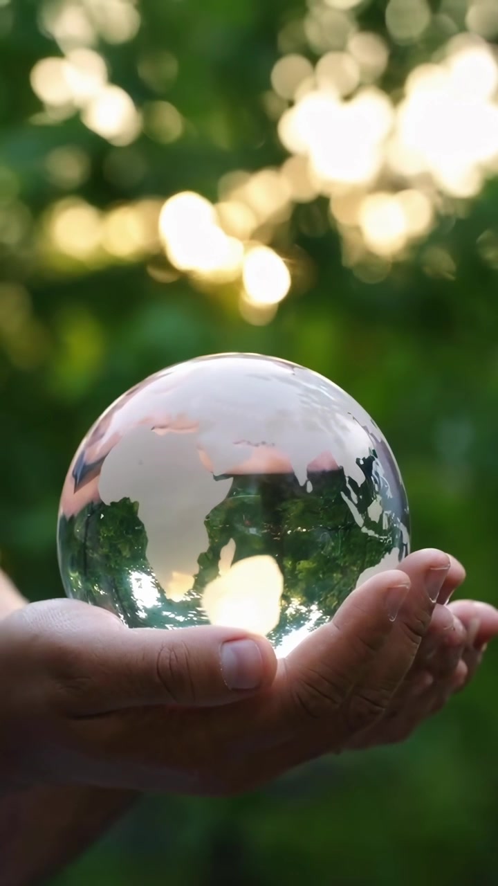 Mano sosteniendo un globo de cristal con mapa terrestre reflejando naturaleza verde y luz solar
