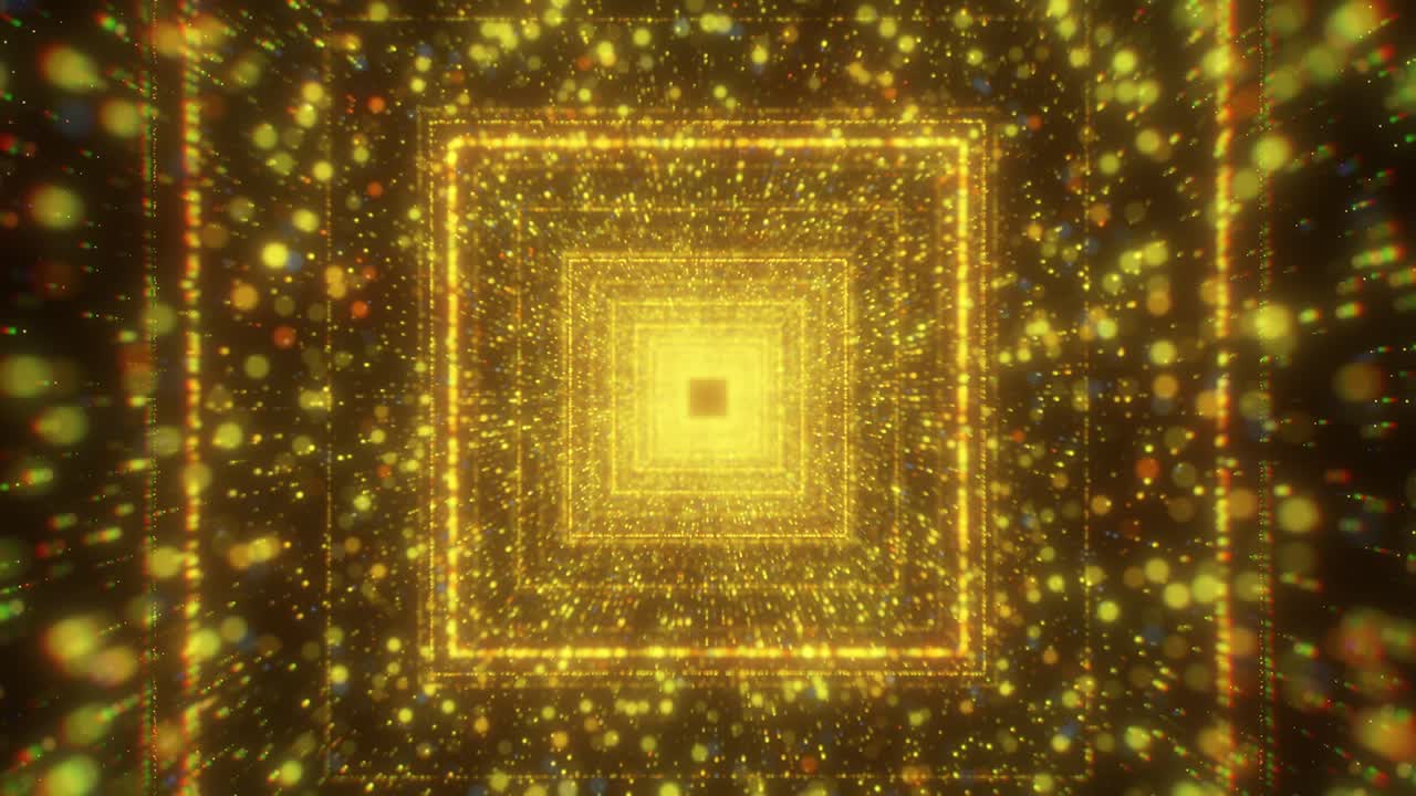 빛나는 금 사각형의 추상적인 3d 터널