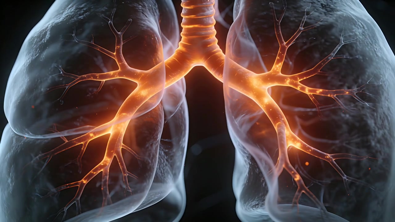 Animazione di polmoni che pulsano per l'inalazione in 3D medico, con trachea, bronchi e bronchioli luminosi.