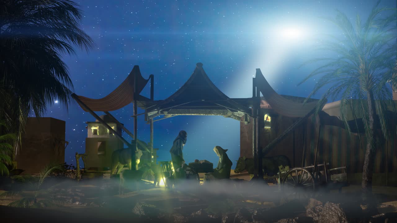 Nativity Of Jesus - Scene With The Holy Family With Comet, 3d render .   Seamless 4K loop video animation