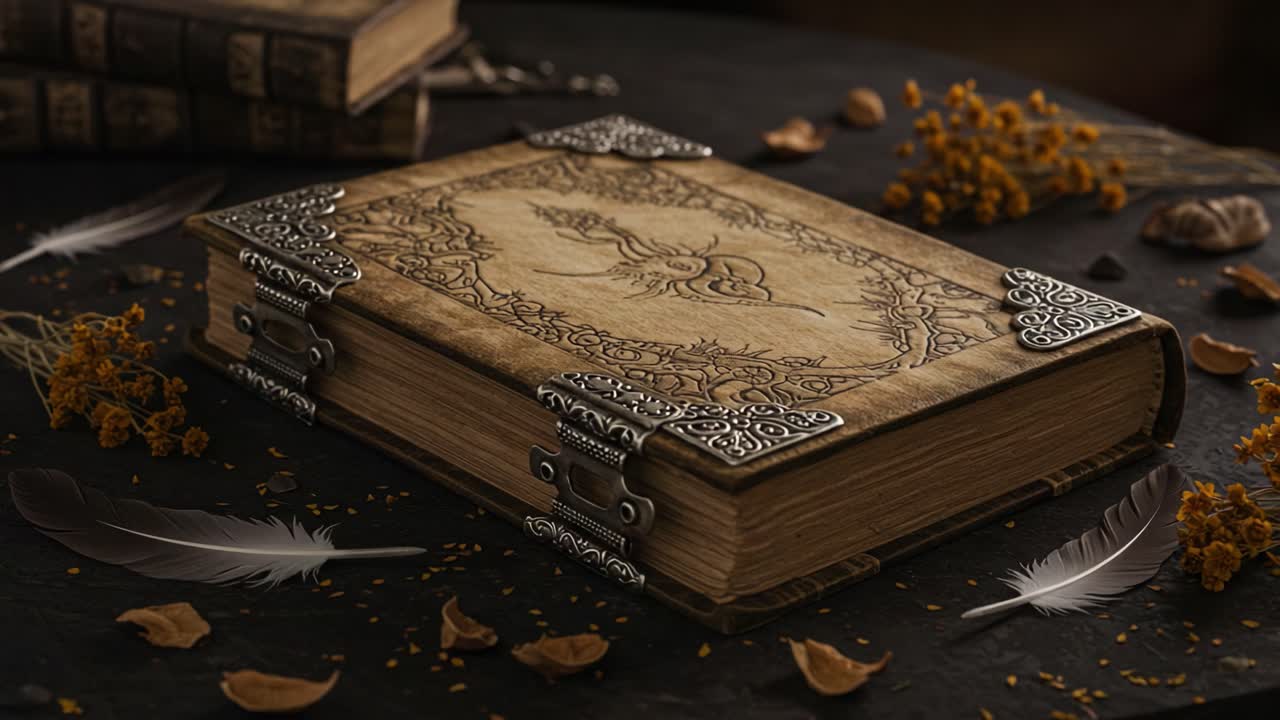 Un libro antico dal design intricato con copertina ornata e chiusure decorative su una superficie rustica, circondato da piume e fiori secchi.