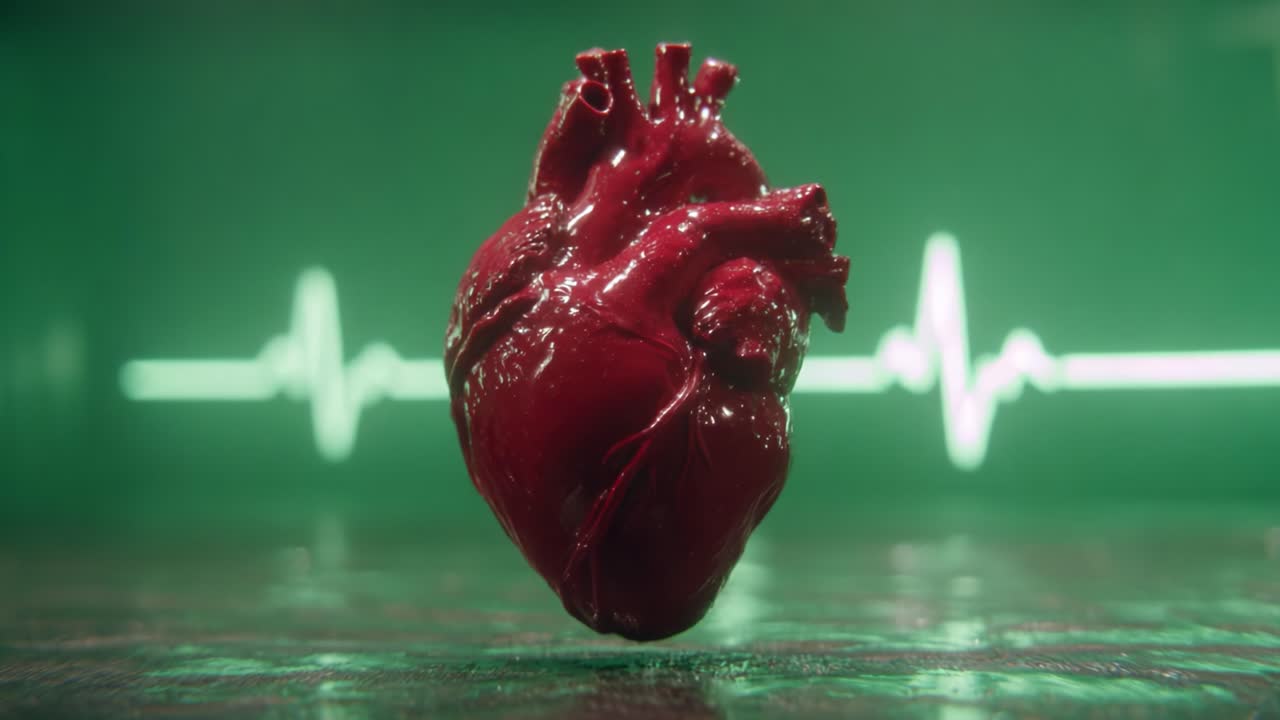 A Stunning Visualization of a Human Heart Against a Vibrant Green Backdrop with Heartbeat Monitor Lines, Representing Life, Emotion, and Vitality in Motion