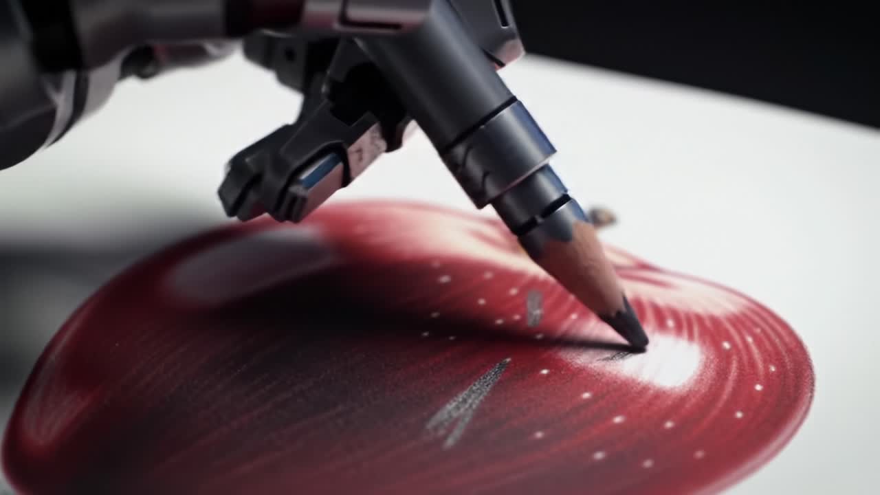 A Robotic Arm Skillfully Illustrates a Realistic Red Apple Using Colored Pencils, Showcasing the Intersection of Technology and Artistry in Creative Expression