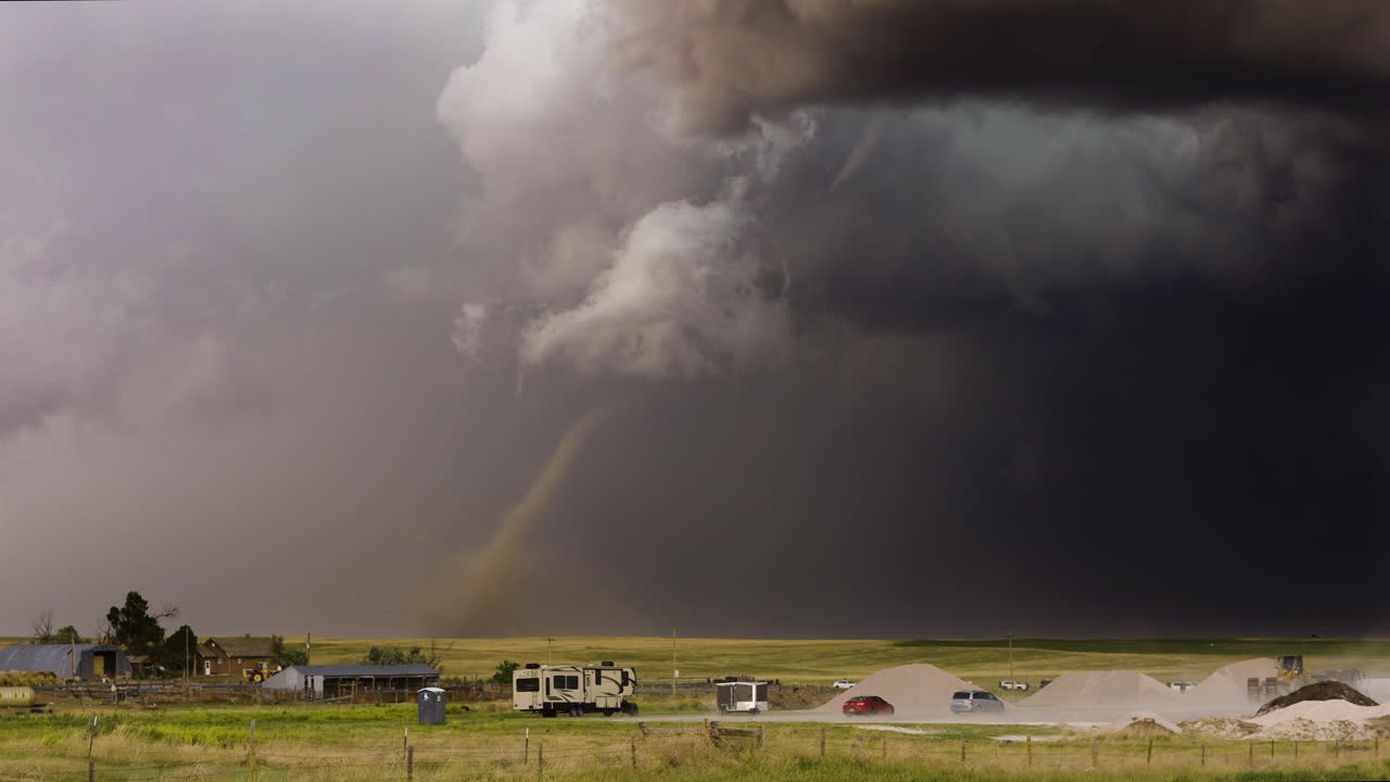Tornado picks up dust under a powerful dark storm
