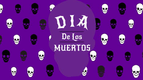 animation of dia de los muertos over skulls on purple background with flowers