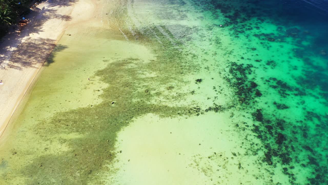 푸른 물 이 있는 열대 해변 의 공중 사진