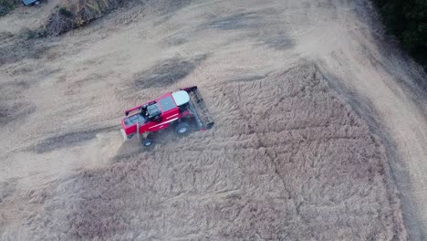 aerial-view-with-a-lot-of-dust,-of-the-harvester-threshing-the-wheat-field