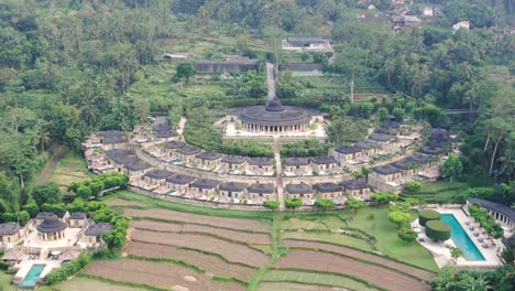 Expensive-lodges-near-temple-building-in-Central-Java,-Indonesia,-aerial-view