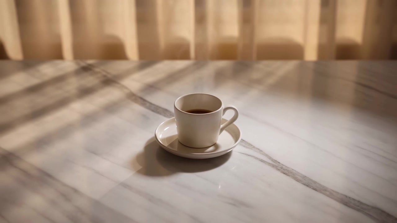 Una tazza di caffè bianca poggiata su un piattino si trova su un piano d'appoggio in marmo, con ombre a strisce soffuse create dalle tende e una calda luce naturale che crea un interno sereno.