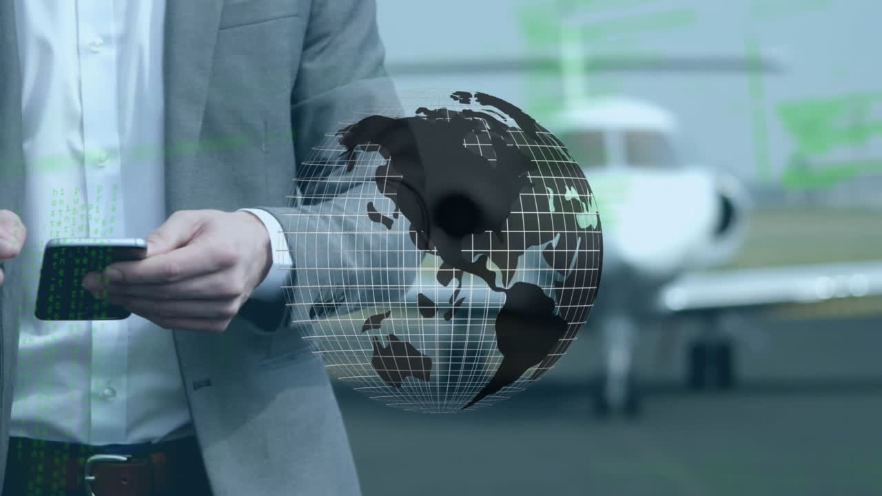 animación del globo y procesamiento de datos sobre un hombre de negocios que usa un teléfono inteligente en el aeropuerto