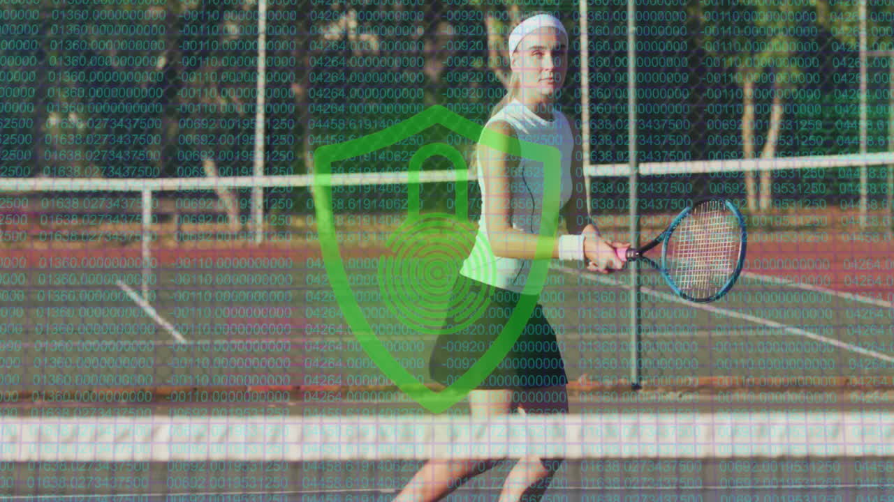 female tennis player preparing backhand on court, featuring numeric code and shield overlay