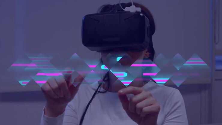 Animazione di scie luminose di trasferimento dati su donna caucasica con visore VR