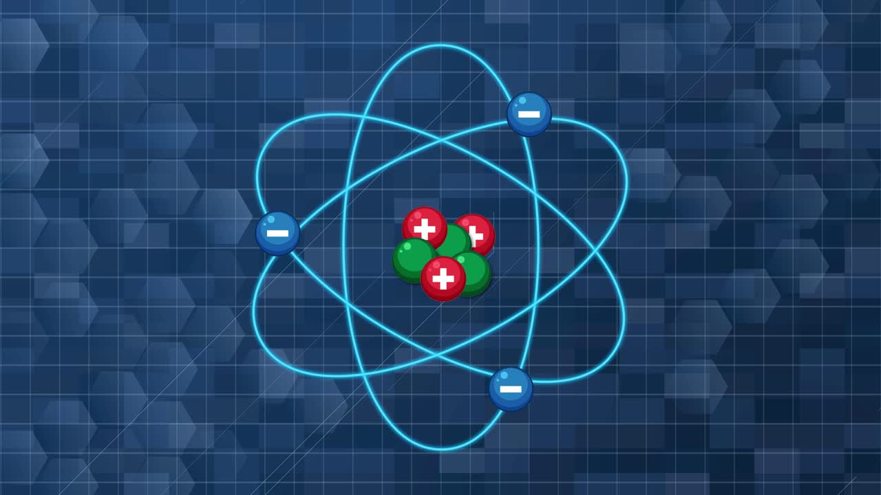 Atom model animation with electrons orbiting nucleus, blue hexagonal grid, smooth camera movement