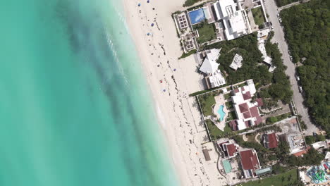 upwards zenith drone shot of cancun white sand beach and blue turquoise waters on a sunny day