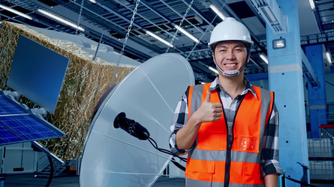 위성 시설에서 웃는 엔지니어