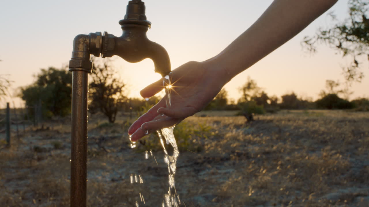 mujer lavando la mano bajo el grifo en una granja rural al atardecer agua dulce que fluye del grifo