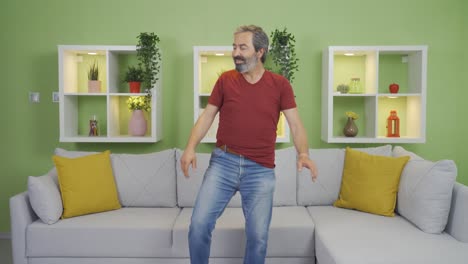 the dancing old man is having fun and is happy.