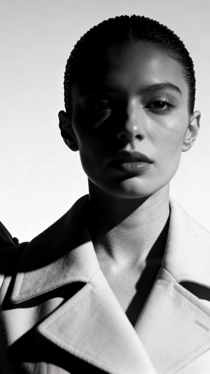 Vertical video: Facing light shift, model holding pose in studio in light trench coat for editorial