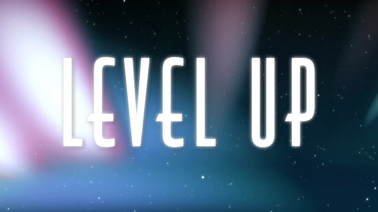 Level up text animation over starry night sky background