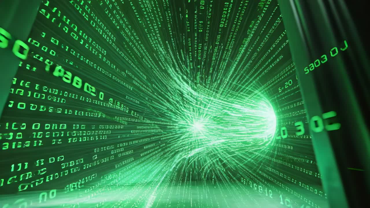 Swinging metal door revealing swirling green data tunnel between server racks, with floating glyphs