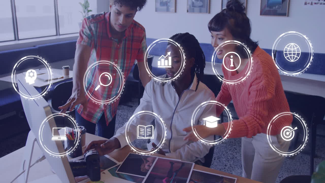 In school, diverse team collaborating at desk with animation overlaying work