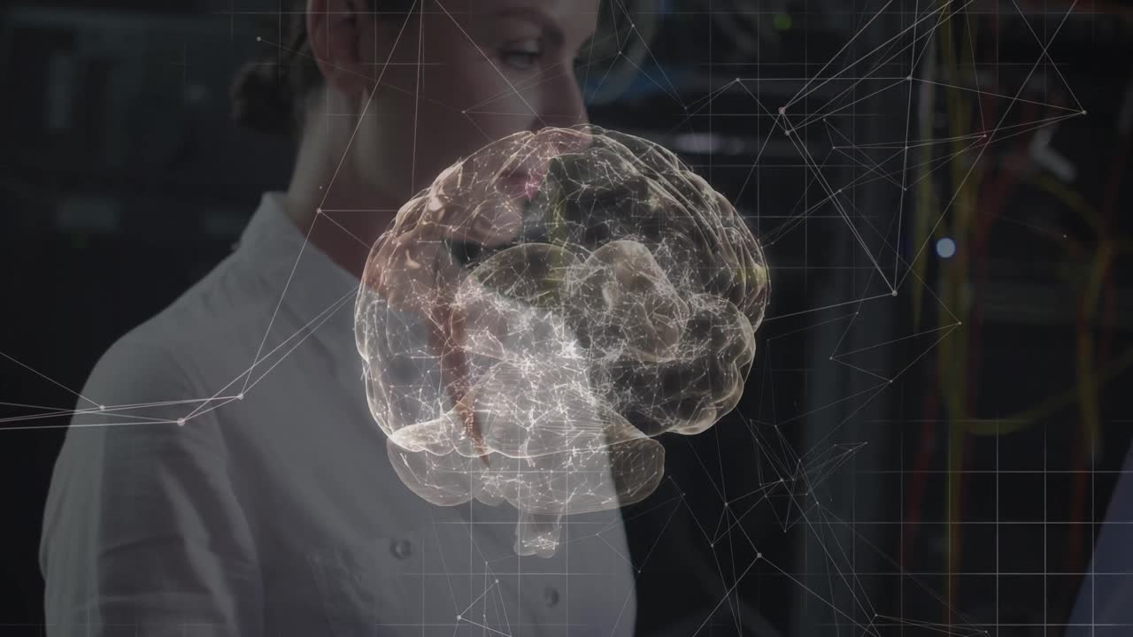 animación de conexiones y cerebro digital sobre mujer caucásica en la sala de servidores.