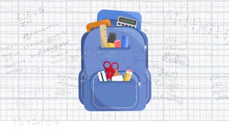 Animation-of-mathematical-equations-and-school-backpack-icon-on-white-background