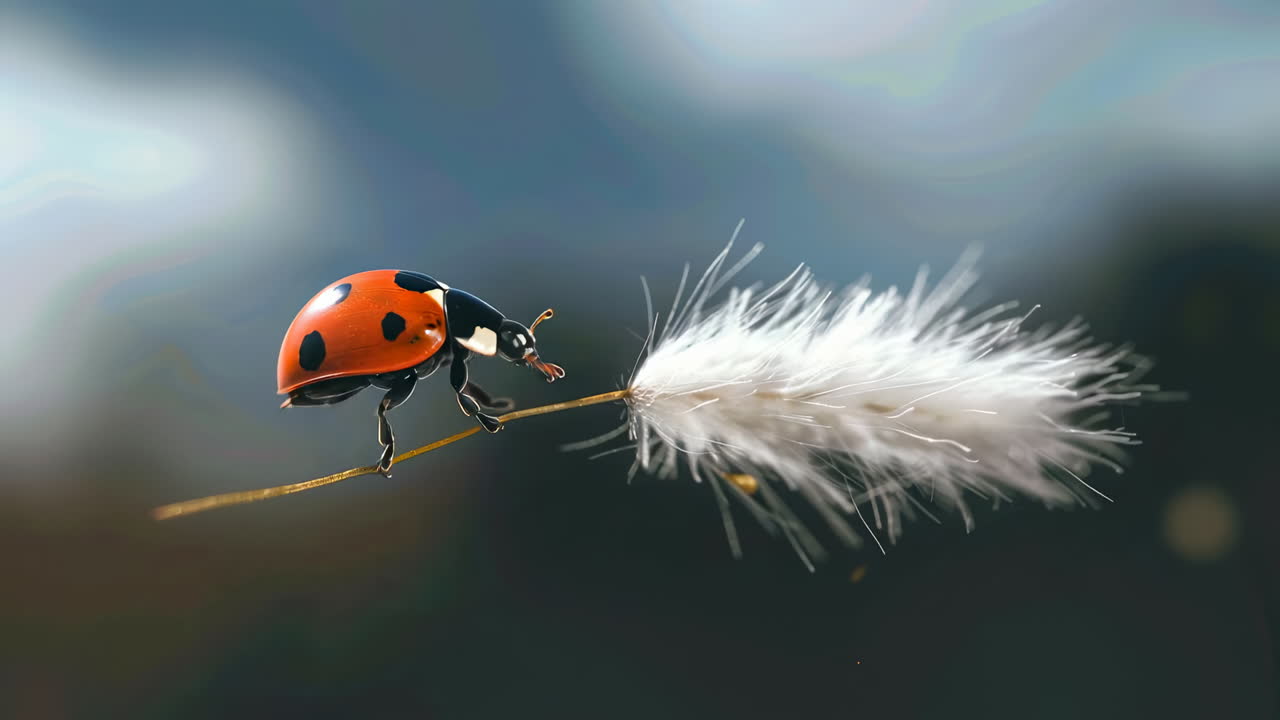 Ladybug perched on a soft white plume. A ladybug is standing on a delicate white feather under a cloudy sky outdoors. The moment captures nature's detail