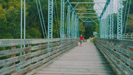 a couple people and a dog walk across a footbridge situated above a steady flowing river