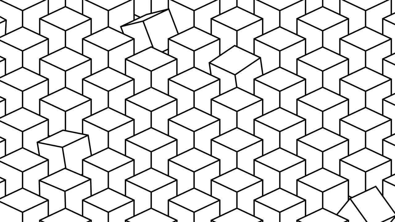 3d 렌더링: 흑색 윤과 함께 색으로 무작위로 회전하는 이소메트릭 큐브의 원활하게 루프 가능한 미니멀리즘 애니메이션