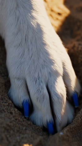 dog paw in sand with blue nails