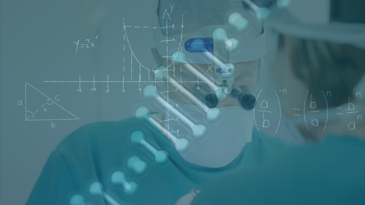 얼굴 마스크를 착용한 남성 백인 외과 의사에 대한 dna  ⁇ 의 애니메이션과 데이터 처리