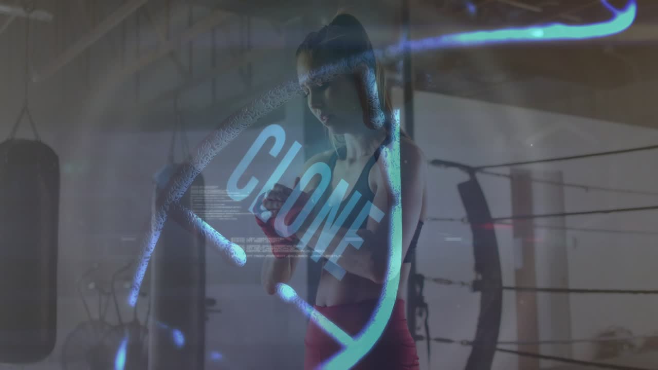Woman looking down preparing red hand wraps at boxing training while holo blue data spiraling CLONE