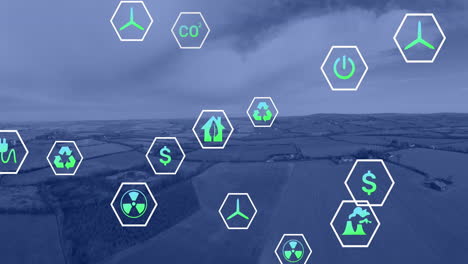 animación de iconos ecológicos y procesamiento de datos sobre el paisaje