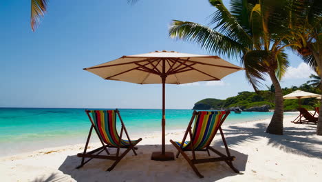tropical beach paradise with palm trees, turquoise water, and beach chairs