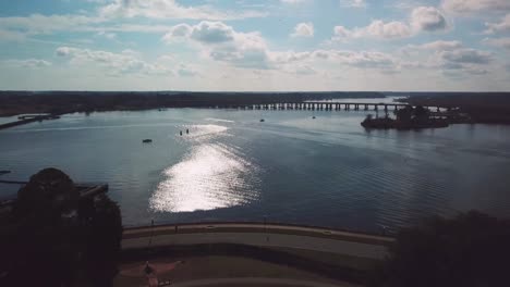 aerial-of-river-from-just-over-tryon-palace-in-new-bern-nc,-north-carolina