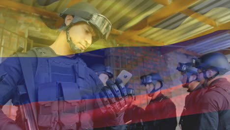 animación de la bandera de colombia sobre varios soldados varones
