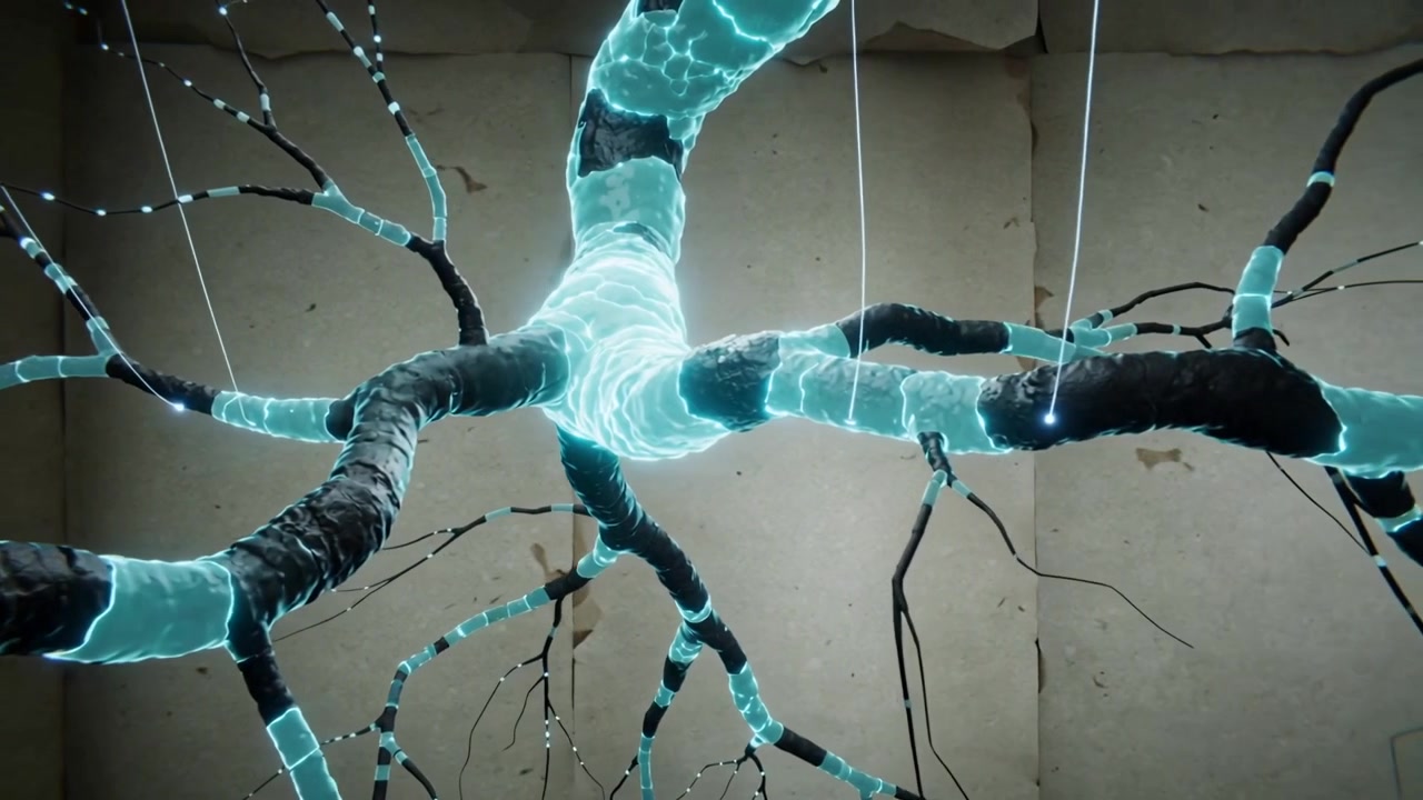 Glowing central junction intensifying, sending turquoise current along branching form at studio set