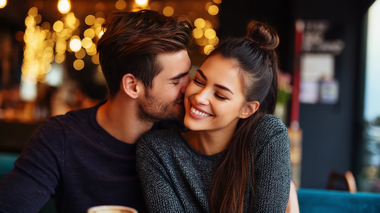 Um momento romântico capturado: um jovem casal compartilhando carinho e sorrisos em um ambiente aconchegante de cafeteria, cercado por iluminação suave e uma atmosfera acolhedora que reflete sua conexão e alegria