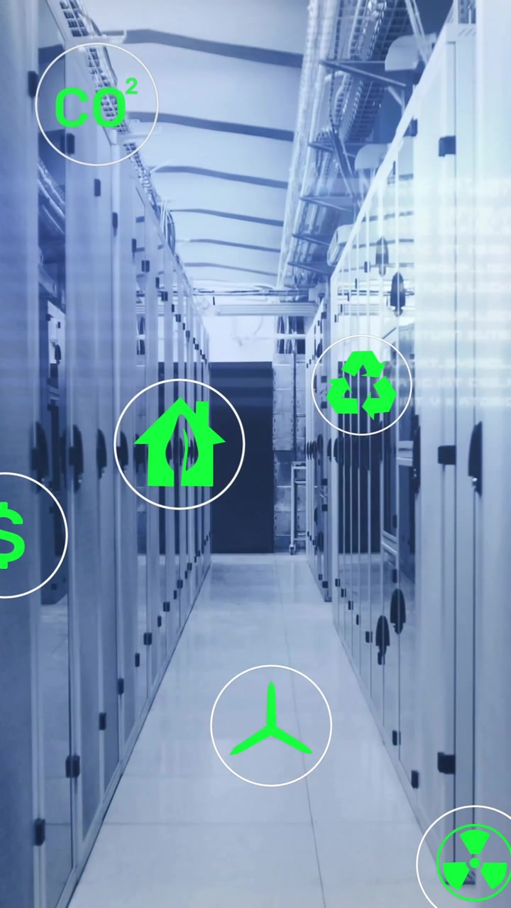 Animation af databehandling, grøn økologi og energiikoner over et computerserverrum