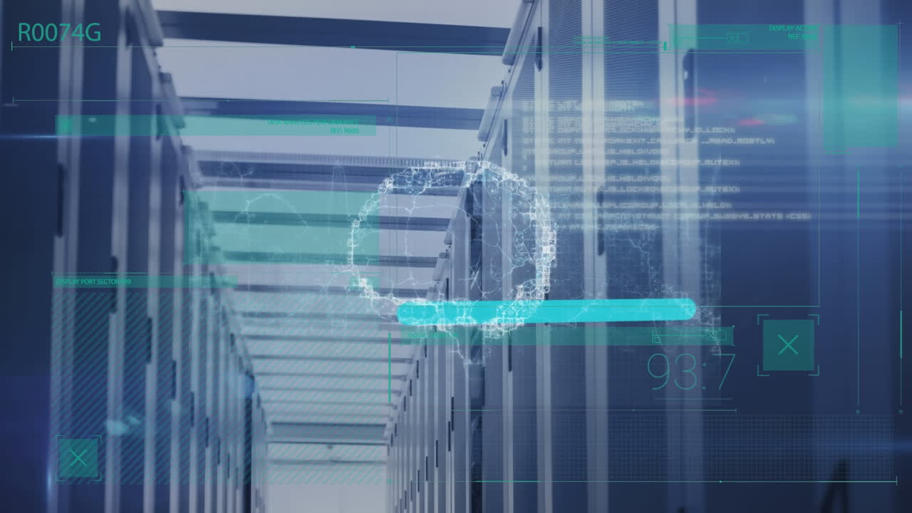 animación del procesamiento de datos y el cerebro con iconos sobre la sala del servidor