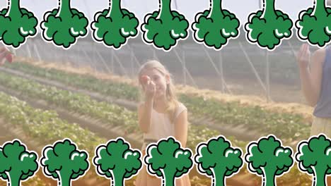 Animation-of-broccoli-icons-over-caucasian-girls-and-woman-gardening