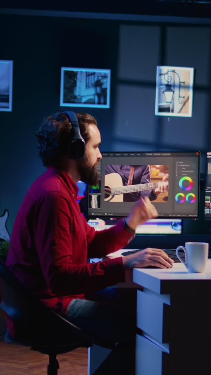 Il libero professionista di video verticali aggiunge effetti sonori a filmati video, lavorando nel suo studio domestico