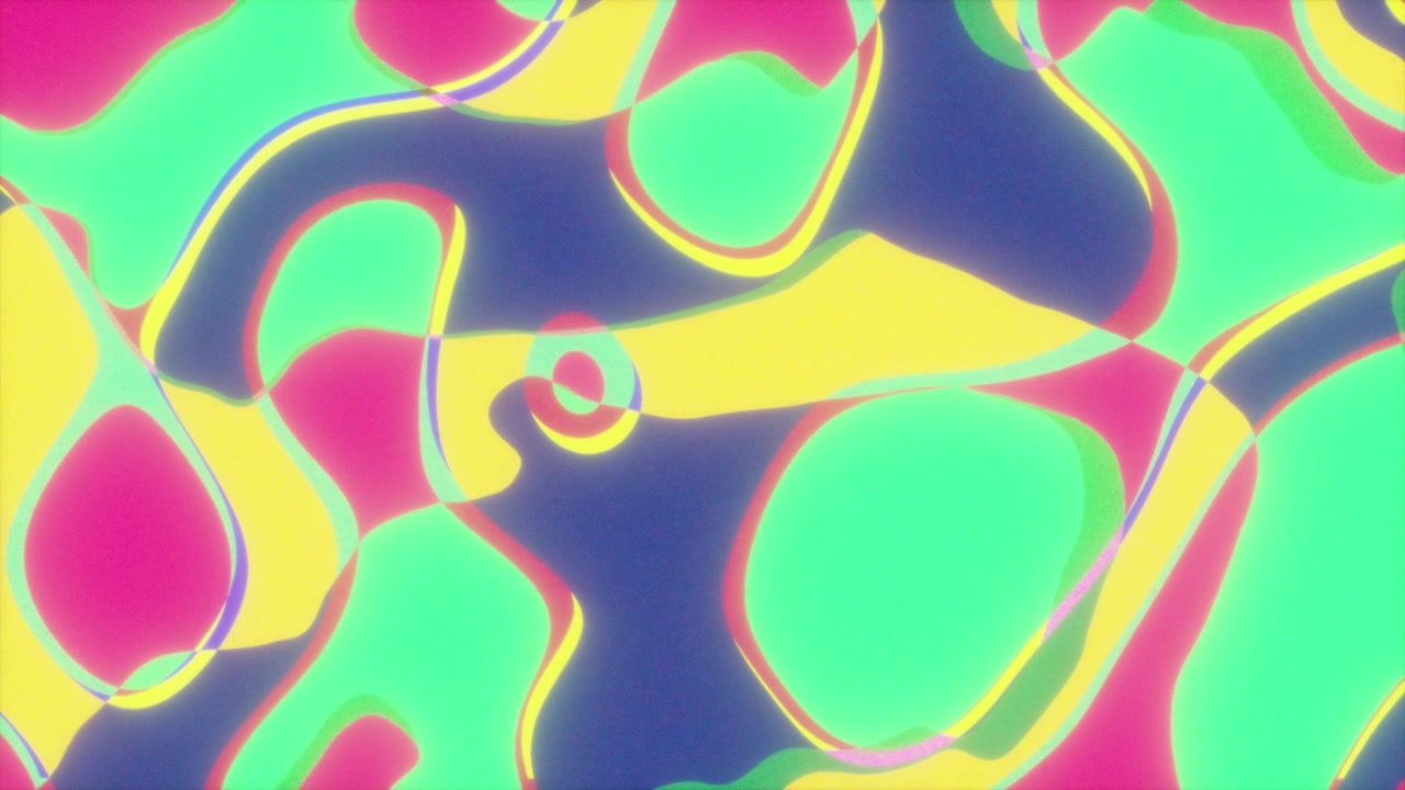 Loop a impulso liquido retrowave neon pastello, sfondo fluente a celle glitchate nei toni blu navy, magenta, giallo e verde acqua.