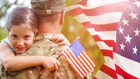 Animation-of-male-soldier-embracing-smiling-daughter-over-american-flag