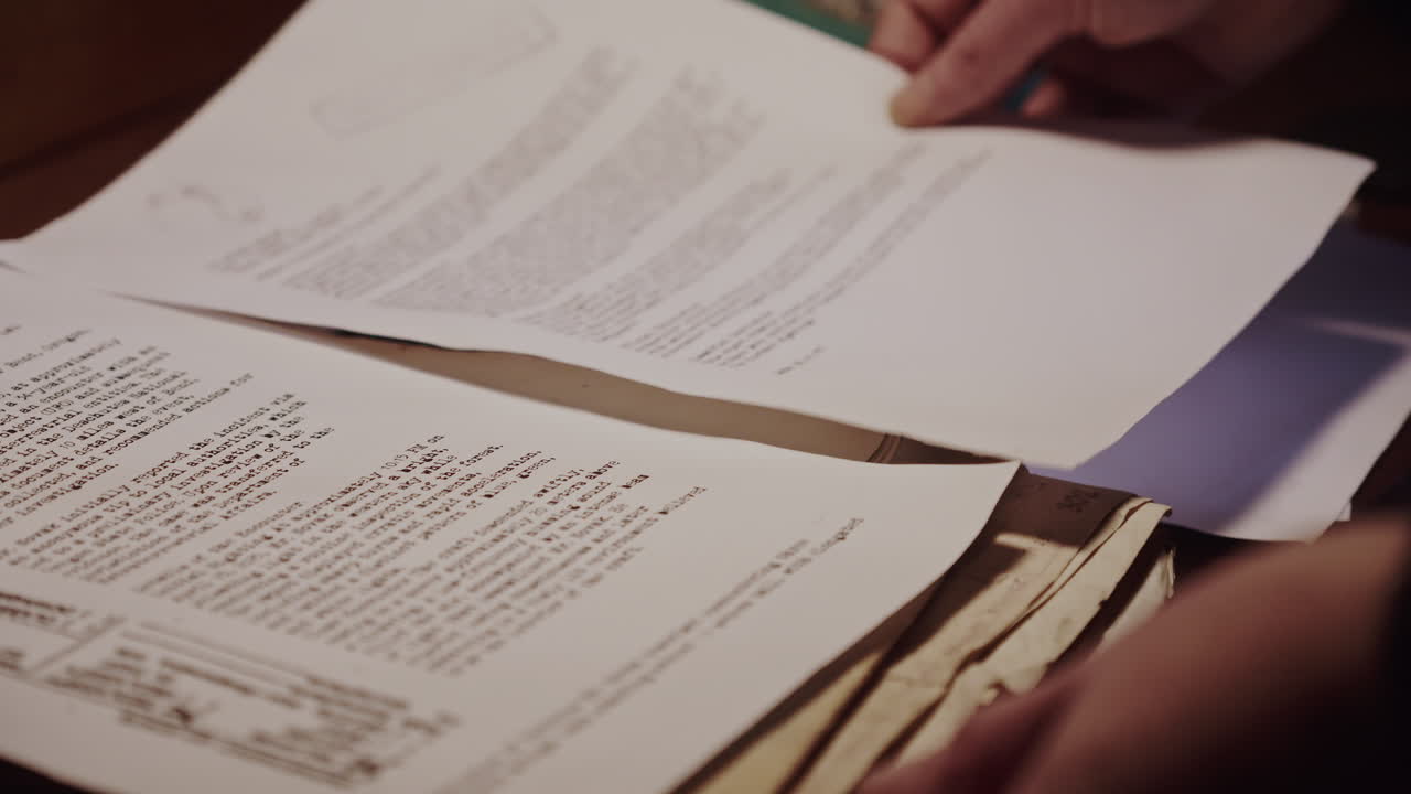 Close-up of an anonymous person reading confidential documents and studying thoughtfully Ideal for detective work, decision making, and historical investigation visuals