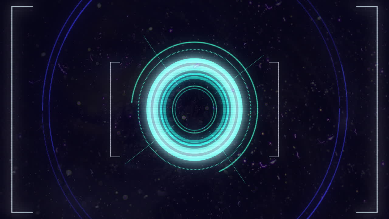 Animation of flickering glowing blue scope scanning and lines on purple background