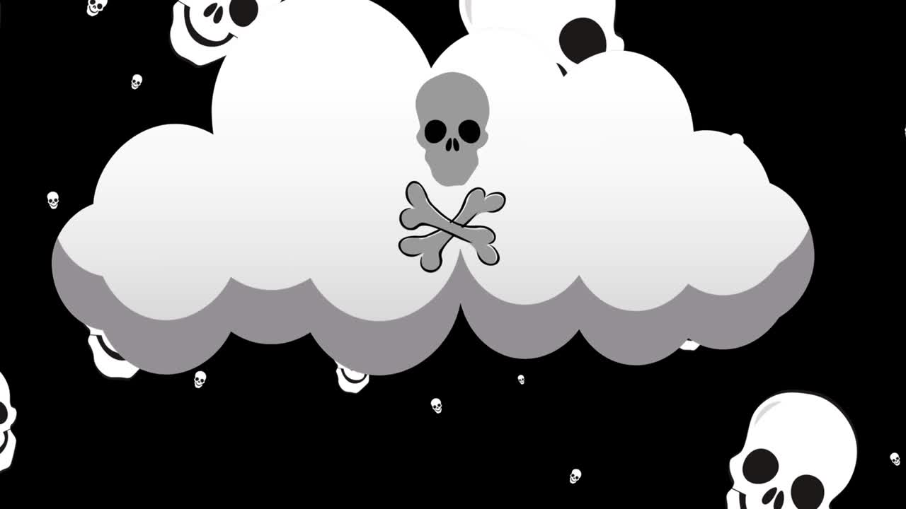 검은 바탕에 두개골과  ⁇ 가 있는 두개골과 구름이 떨어지는 애니메이션