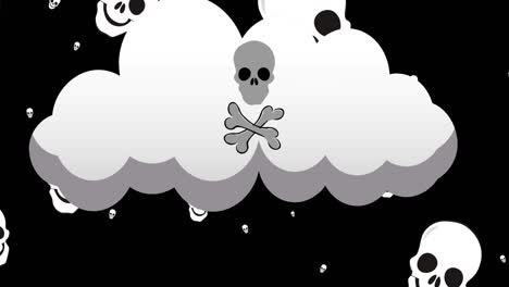 animación de cráneos cayendo y nube con cráneo y huesos en fondo negro