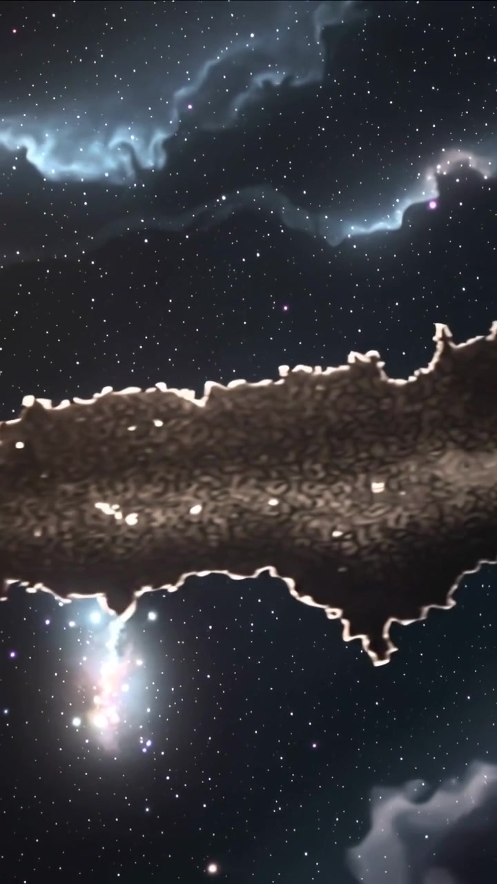 Verticale video: Sterrenhemel met lint dat door de ruimte verschuift, cluster linksonder pulseert.